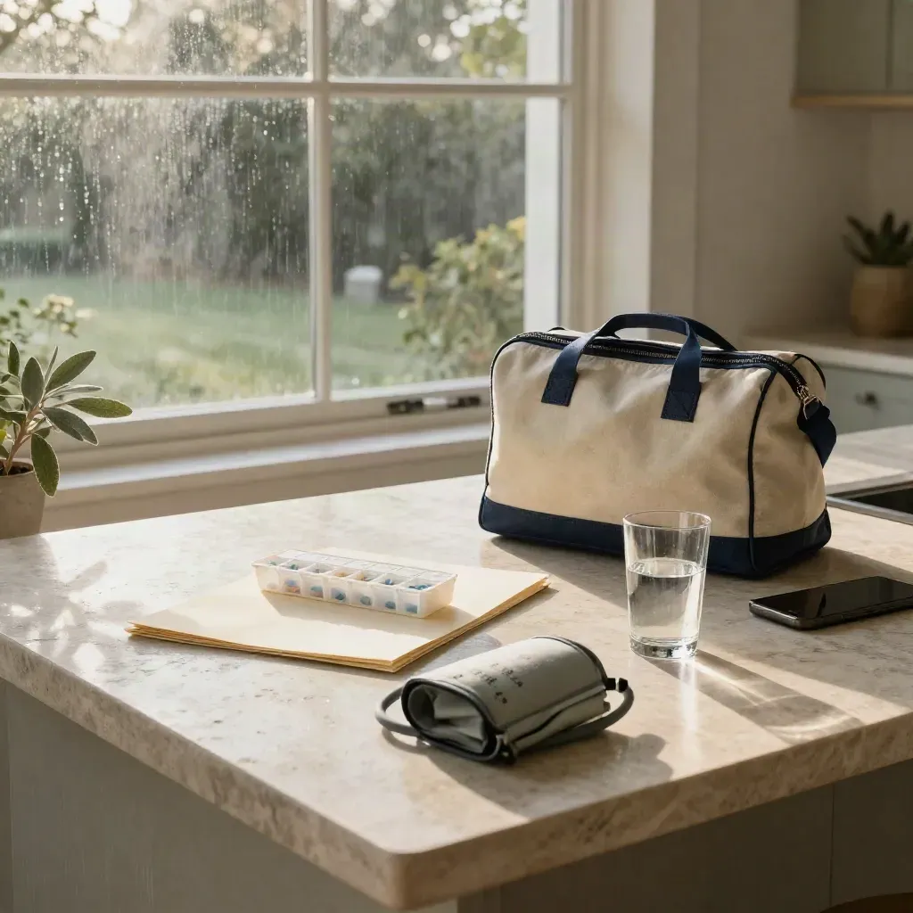 Rain-streaked kitchen island with care kit, pill organizer, cuff, folder and bag in moody light.