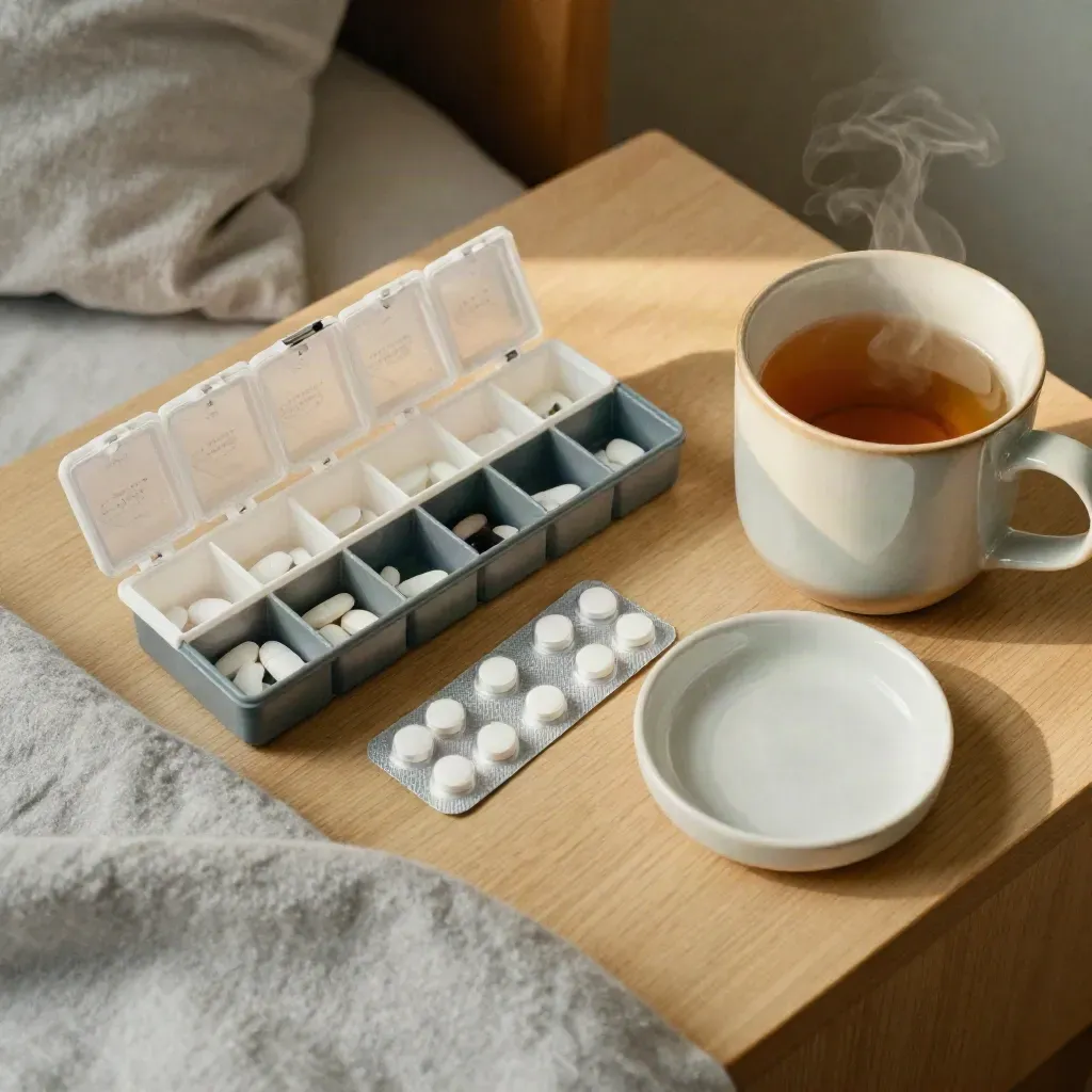 Open pill organizer beside blister strips, a mug and dish on a bedside table with faint steam.