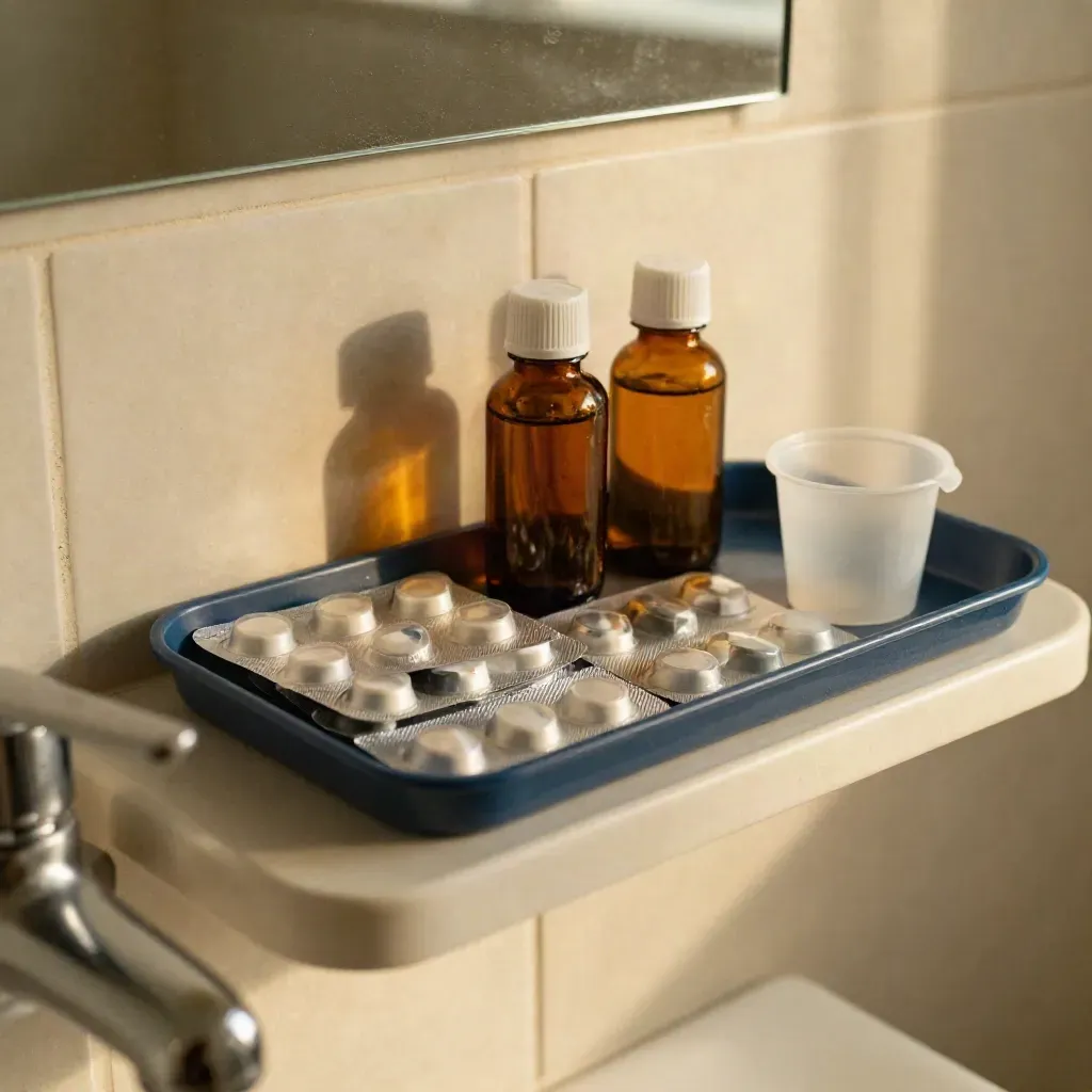Bathroom shelf medicine tray with amber bottles, blister packs, and a dose cup in warm light.