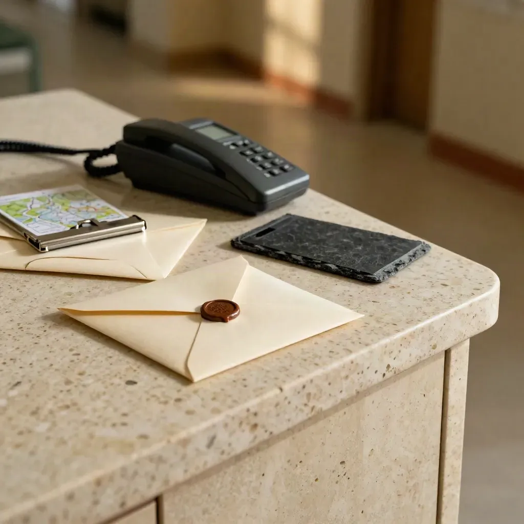 Clinic sideboard with referral envelopes, phone, card holder and map case by a corridor.