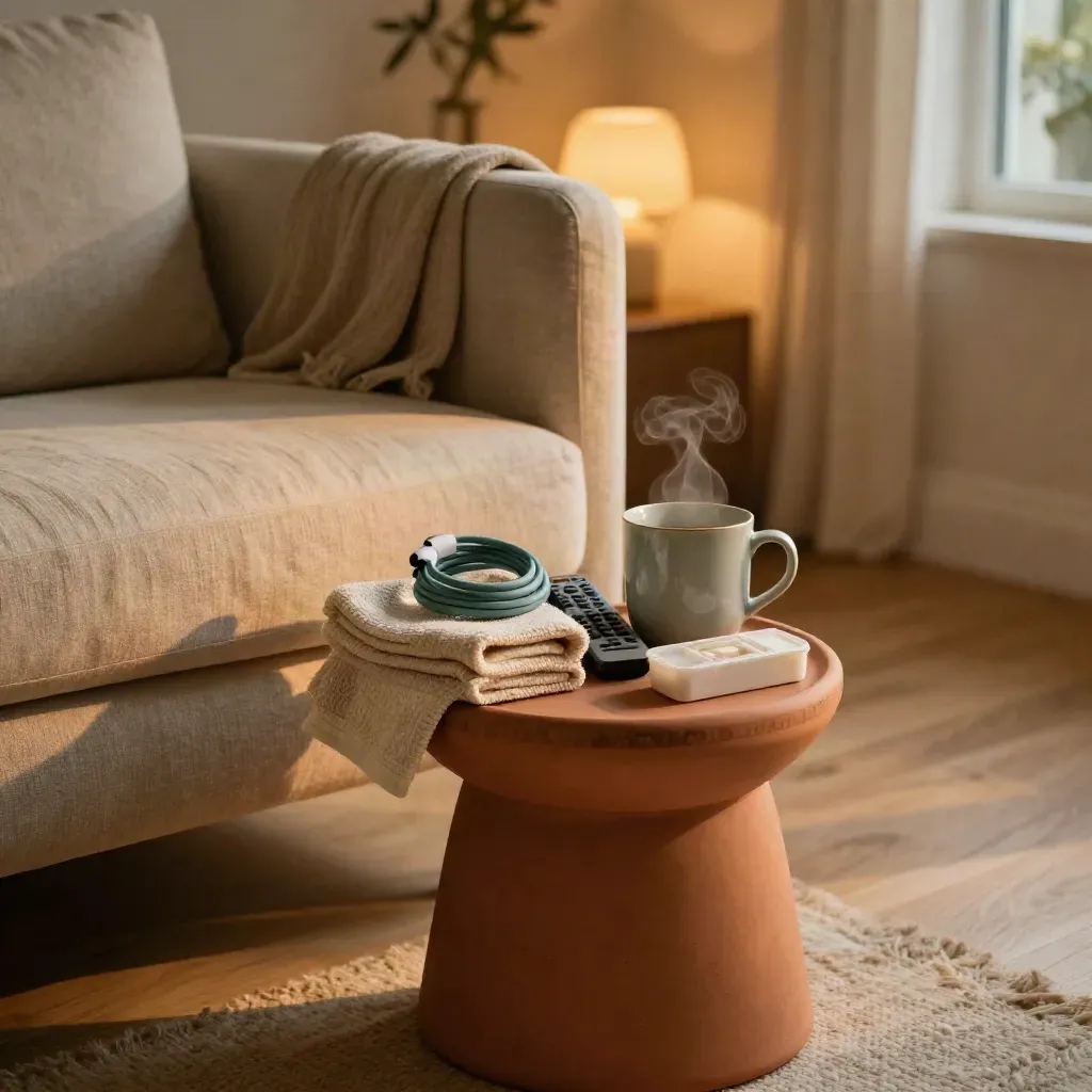 Home-support basket with towel, mug, remote, pillbox and charger beside a sofa at dusk.