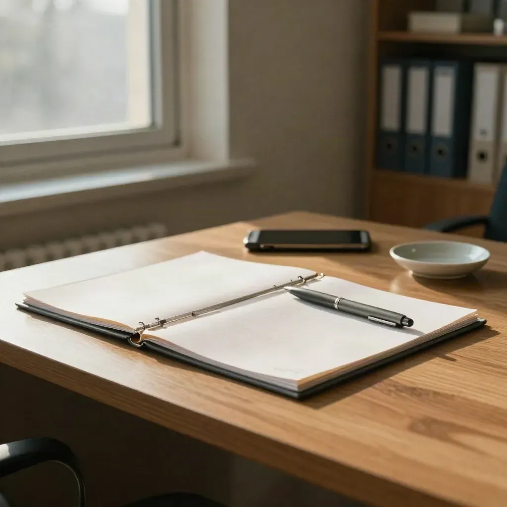 Closed handoff folders, phone and ceramic dish on a clinic desk by a sunlit window.