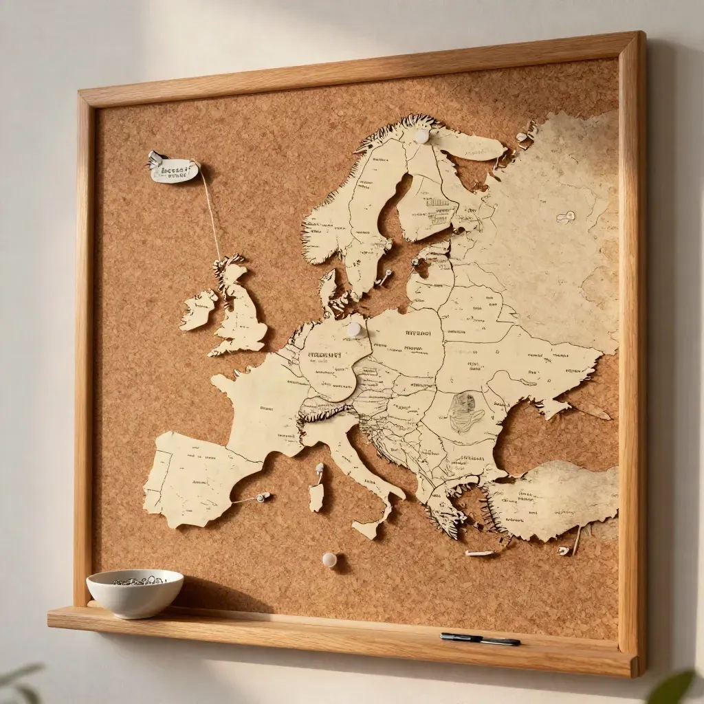 Corkboard map with pins, thread, and ceramic bowl in a warm clinic corner