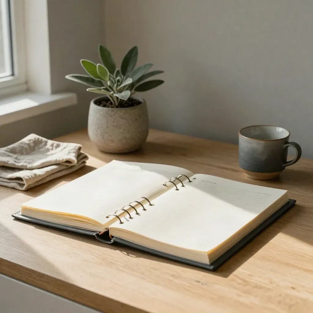 Open binder with tab dividers, linen cloth, plant and ceramic cup on a pale desk